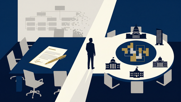 Editorial illustration: a stopped factory conveyor belt runs between an empty founder's desk with a signed document and a vacant policy roundtable, with a city skyline through the industrial window — representing the silence that follows both an exit and a failed institutional process