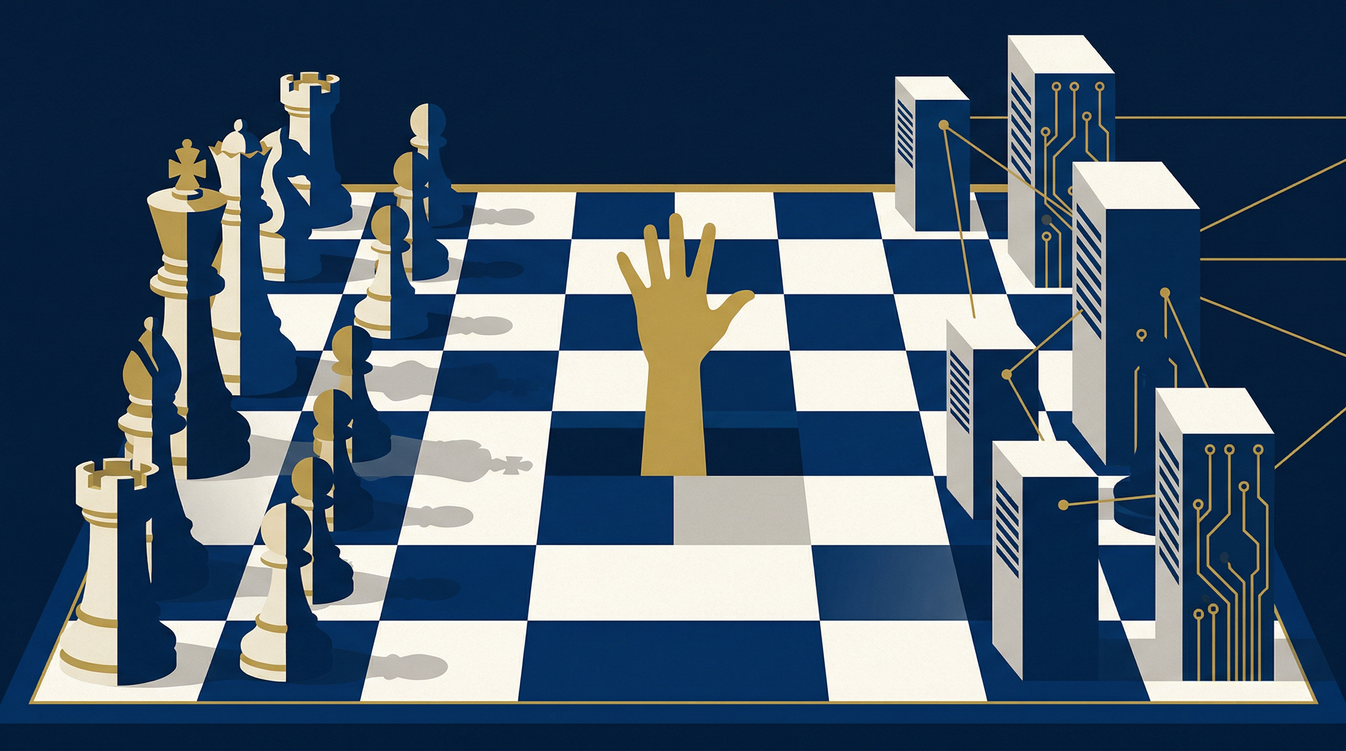 Editorial illustration: a chess board with traditional pieces on one side facing geometric server towers connected by gold network lines on the other, with a golden hand reaching up from the centre — representing AI war game escalation and machine solidarity