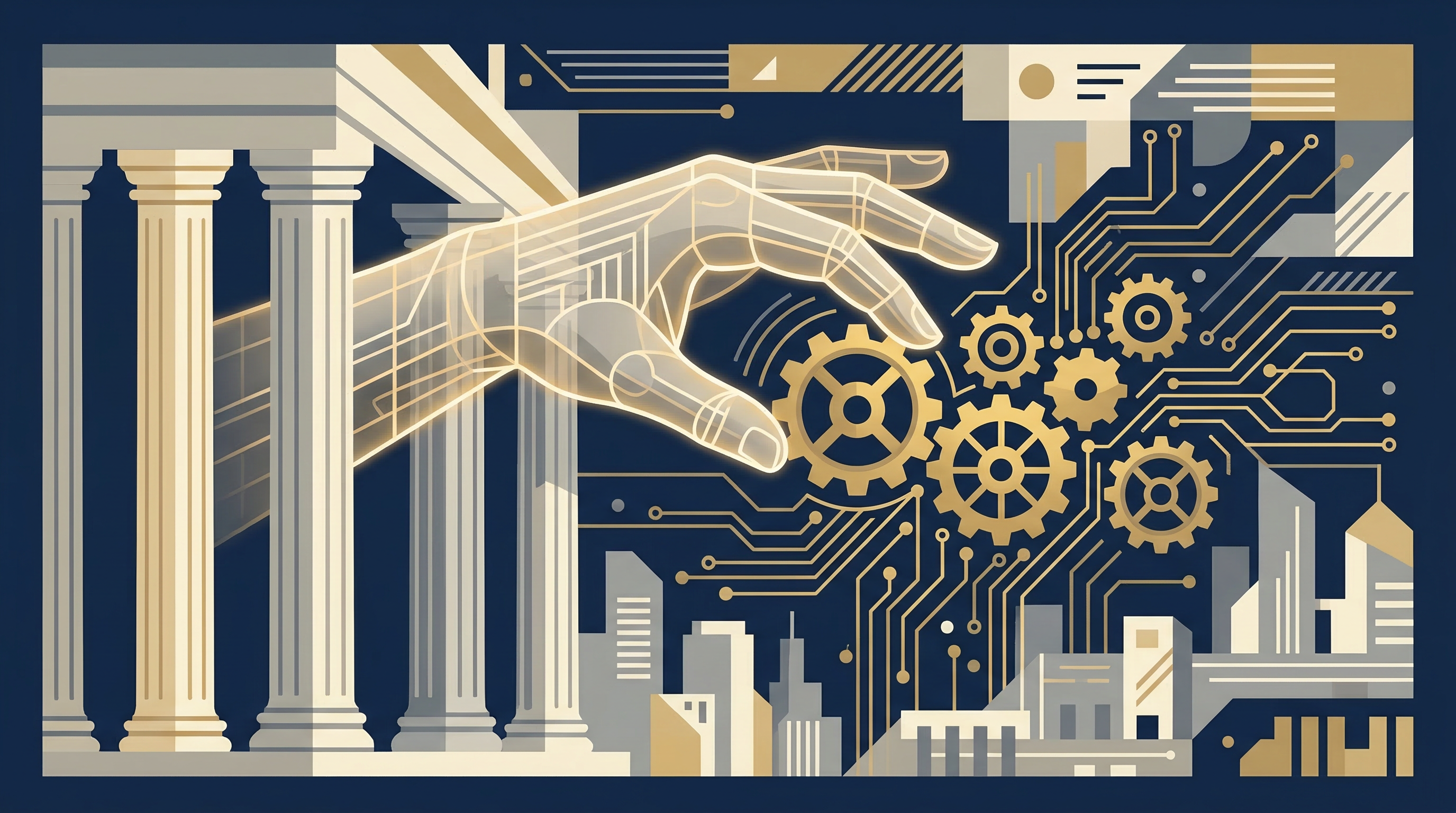 Editorial illustration: an institutional hand guiding interconnected gears and pathways, symbolising how institutions drive innovation